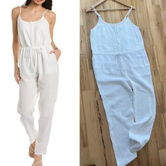 Faherty Leila Jumpsuit Sz Medium White All Organic Cotton Pockets Adj Straps NEW - Picture 2 of 16